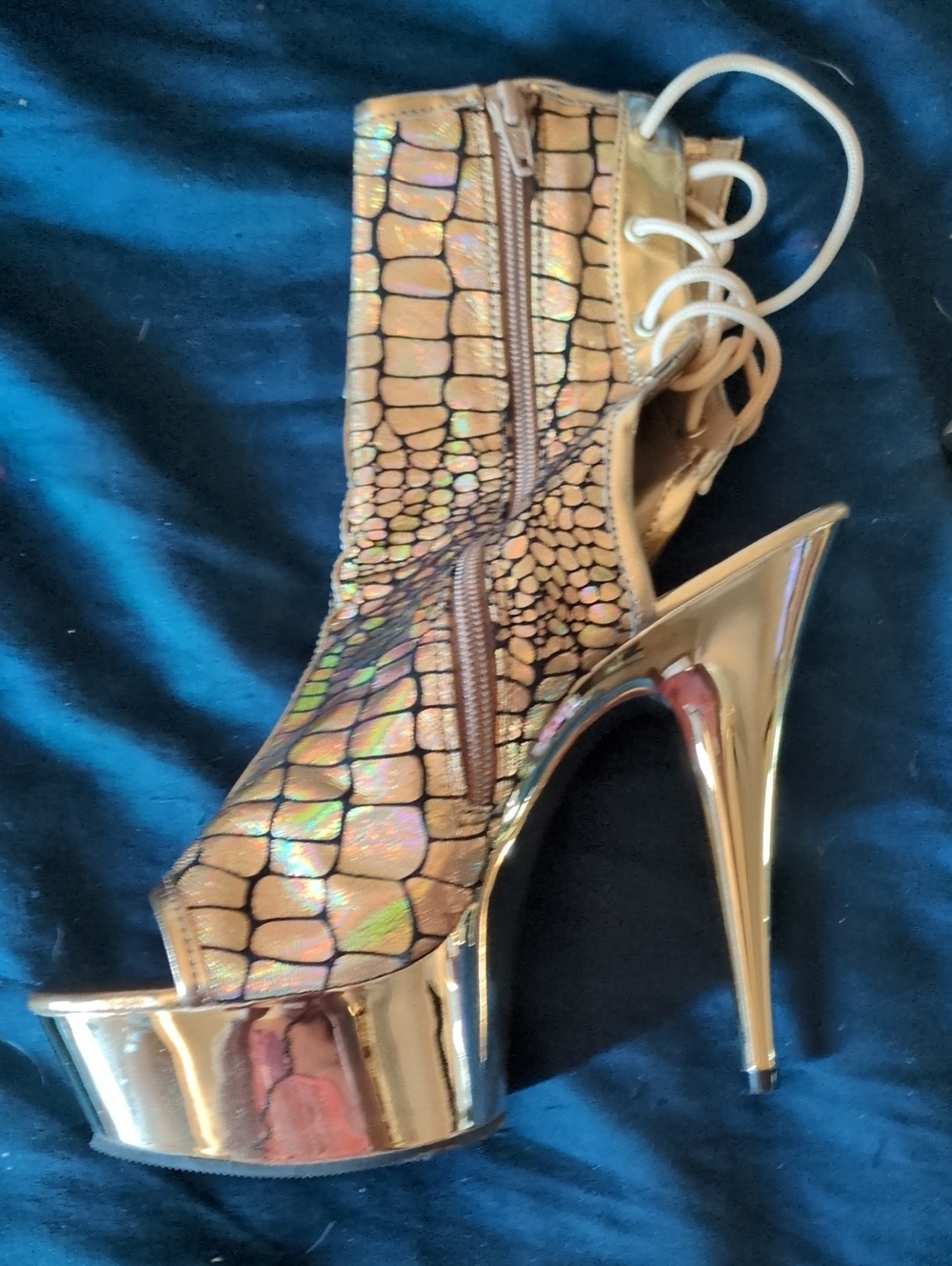 Pleaser Gold Holographic Croc-Texture Platform Stiletto Bootie